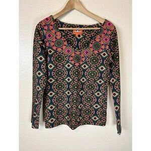 Pia Pauro L Beaded Embroidered Blouse Top Long Sleeve V-Neck Batik Resort Gypsy